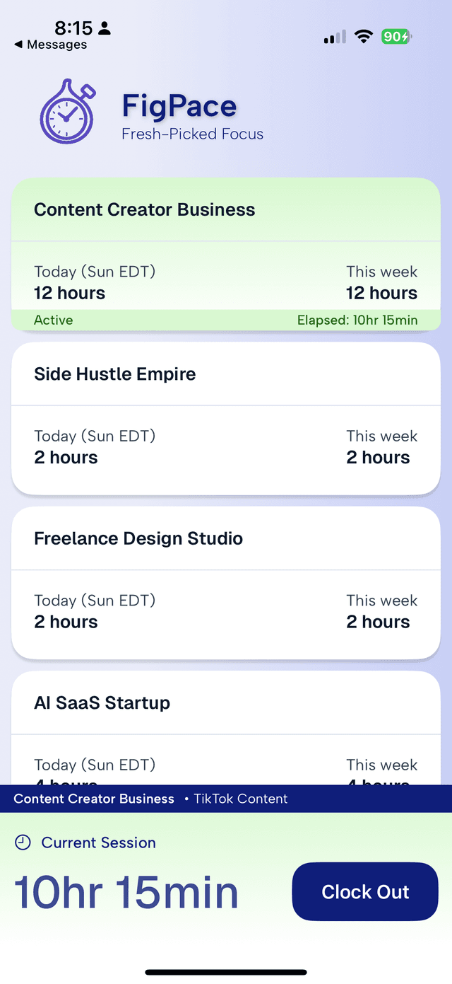 FigPace app main screen showing intuitive time tracking interface with project list, active timer, and one-tap controls for freelancers